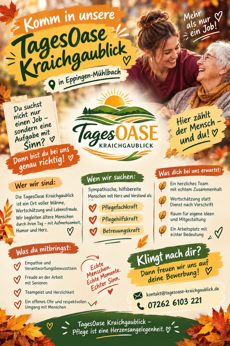 Stellenausschreibung zum Bewerben als Pflegekraft mit schönen herbstlichen Farbein und ansprechenden Texten